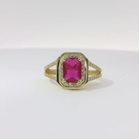 14KT Gold Ring Women's Red Rectangle Center CZ with Round White CZ Stone Border and Plain Octagon Border with Split CZ Stone Band