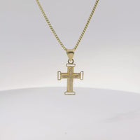 14KT Gold Charm Extra Small White CZ Stone Cross Center with Plain Open Buckle Ends Border and Plain Bell
