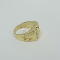14K Gold Ring Men's Square Malverde with Eight Rows of White CZ Stones Greek Style V Shape on Each of the Sides