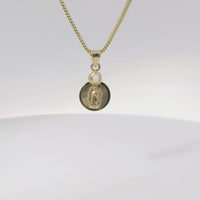 14KT Gold Charm Extra Small Round Sunray Virgin Mary Coin with White CZ Stone Top and Plain Bell