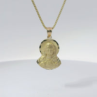 14KT Gold Charm Medium Diamond Cut Jesus Portrait Holding Coin with Plain Bell