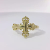 14KT Gold Ring Women's Medium Plain Center Ornate Cross with Plain Mini Split Band