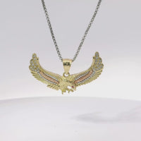 14KT Gold Charm Medium Tri Tone Spread Eagle with Red CZ Eye, White CZ Stone Wing Tips, and Plain Bell