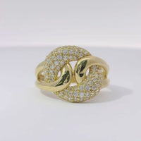 14KT Gold Ring Women's White CZ Stones Center Link with Plain Lasso Loops on Each Side