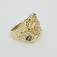 14KT Gold Ring Men's Two Tone Square Raised Virgin Mary with Sunray Background and Single Row White CZ Stone Border Corner Design One Red/Pink CZ Stone Band Design Four White CZ Stones Plain Border Stripe Etched Background