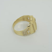 14KT Gold Ring Men's Raised Rectangle Vertical Flag Shape with White CZ Stone Rows and One Larger Round White CZ Stone Plain Triangle Shape Border as in Star position Side Design White CZ Stone Rows with Baguette/Plain Border