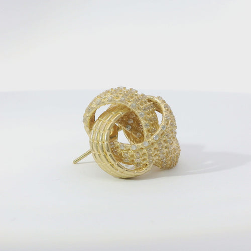 14KT Gold Earrings Medium White CZ Stones Braided Notched Cords Knot with Push Back Post and Butterfly Backs