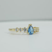 14KT Gold Ring Women's Turquoise Pear CZ Center 3 Round White CZ Stones Shoulders Plain Band