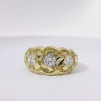 14KT Gold Ring Unisex Three White CZ Center Stones Scallop Edge Nugget Band