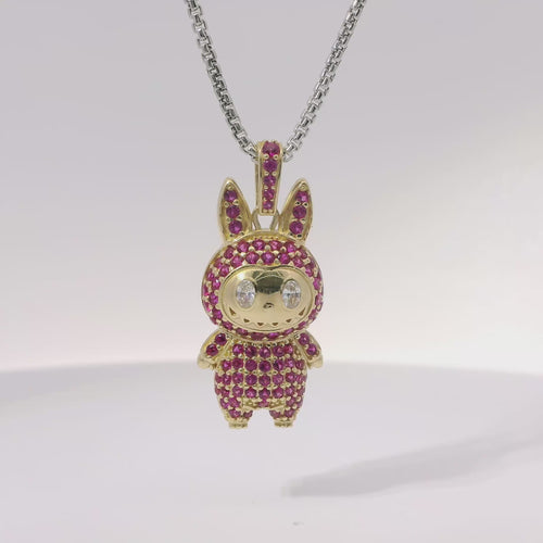 14KT Gold Charm Medium 3D Flat Back LaBuBu White Oval CZ Stones Eyes, Dark Pink CZ Stones Body and Bell