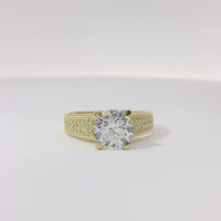 14KT Gold Ring Women's 4 Prong White Round Cushion Cut with 'V' Shape Double Row Band CZ Stones