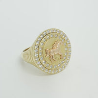 14KT Gold Ring Men's Round Two Tone Running Horse with Double White CZ Stones Border Seven Grooved Lines on Band