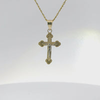 14KT Gold Charm Baby Two Tone Fan End Crucifix Cross with Plain Bell