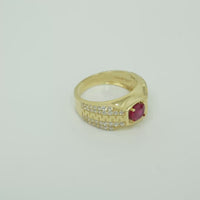 14KT Gold Ring Men's Square Red CZ Round Center Stone Plain Platform Border Side Design Double Row White CZ Stones with Zig Zag Zipper Print
