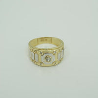14K Gold Ring Men's Two Tone Band White CZ Stones Center/Border Horizontal Three Hexagon Band Print