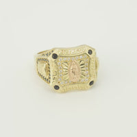 14KT Gold Ring Men's Two Tone Square Greek Border Raised Virgin Mary with Sunray Background White CZ Stone Border and Corner Design Black CZ Stone Band Design Black CZ Stones Border Raised Arrow