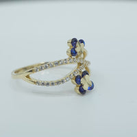14KT Gold Ring Women's Navy Blue Round 4 Petal Flower White CZ Stones Split Band