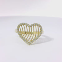 14KT Gold Ring Women's Open Curved Stripe Heart with White CZ Stones Border and Plain Band