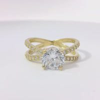 14KT Gold Ring Women's White Round CZ Stone Center with White CZ Stones Split Criss Crossed Band