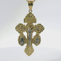 14KT Gold Charm Medium Two Tone Crucifix Cross with Virgin Mary and St Benedict Sides Cross with Plain Bell