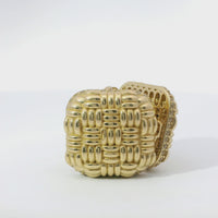 14KT Gold Earrings Large Puff Basket Weave Square with White CZ Stones Edge, Push Back Post, and Butterfly Backs