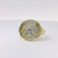 14KT Gold Ring Women's Two Tone Round Medusa Head Center with White CZ Stones Background and Greek Border on Each Side Plain Band