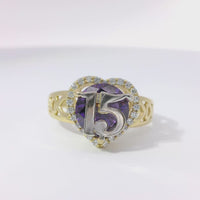 14KT Gold Ring Women's "15" Quincenaera Heart Round Purple Center CZ Stone with White CZ Stones Border and with Three Plain Stacked Cutout Hearts on Band