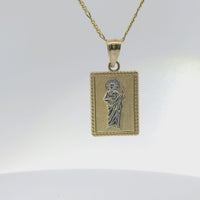 14KT Gold Charm Small Two Tone Square St Jude Coin with Beaded Border and Plain Bell