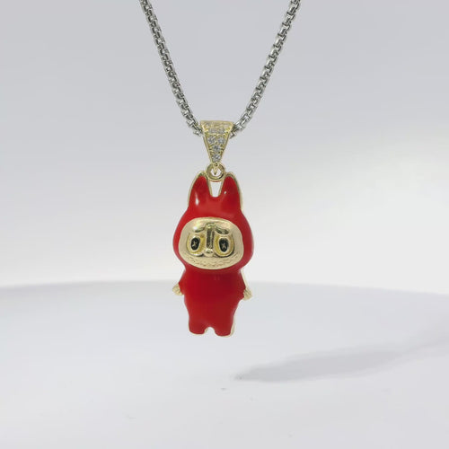14KT Gold Charm Medium 3D Red Enamel LaBuBu with White CZ Stone Bell