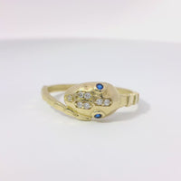 14KT Gold Ring Women's Snake Band with Navy Blue CZ Stone Eyes and White CZ Stones on Top of Nose and Plain Snake Tail Band