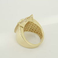 14KT Gold Ring Men's Shield Shape Jesus Portrait with White CZ Stones Border and Plain Border