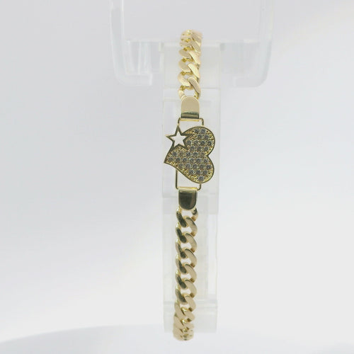 14KT Gold Bracelet Women's White CZ Stones Heart with Star Cutout and White CZ Stone End Cuban Link Lobster Clasp Band