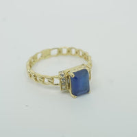 14KT Gold Ring Women's Rectangle Navy Blue Four Prong Center Stone with White CZ Stone Shoulder Straps and Chino Band