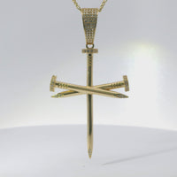 14KT Gold Charm 2XL Triple Nail Cross with White CZ Stones Nail Heads and Bell