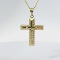 14KT Gold Charm Medium Plain Center Crucifix Cross with Mock Woodgrain Print and Plain Bell