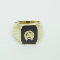 14KT Gold Ring Men's Square Octagon Horse Head in a Horseshoe with an Onyx Background and Plain Border Side Design Raised Square Dots