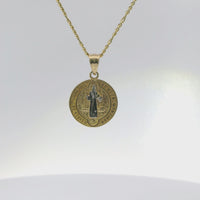 14KT Gold Charm Extra Small Round Two Tone St Benedict Coin with Plain Bell