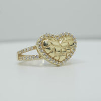 14KT Gold Ring Women's Nugget Puff Heart Center with White CZ Stones on Border and Split Band