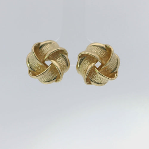 14KT Gold Earrings Medium Flat Four Ribbon Strand Plain Zipper Edge Knot with Plain Borders, Push Back Post, and Butterfly Backs