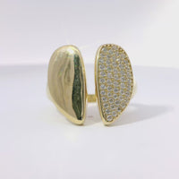 14KT Gold Ring Women's Abstract Split Band Heart Design with White CZ Stones on Half of Heart and Plain Band