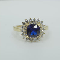14KT Gold Ring Women's Square Navy Blue Center CZ with Round Double CZ Border Plain Band