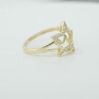 14KT Gold Ring Women's Double Star Shape White CZ Stone Outline Smaller Star Plain with Plain Split Band