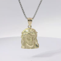 14KT Gold Charm Medium Diamond Cut Right Facing Jesus Head with Thorn Crown and Plain Bell