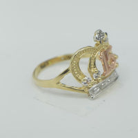 14KT Gold Ring Women's Tri Tone "15" Quinceanera Open Crown with Four White CZ Stones White Gold Band Plain Split Band