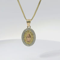 14KT Gold Charm Small Oval Two Tone Virgin Mary Quinceanera "15 Anos" Coin with White CZ Stones Border and Plain Bell