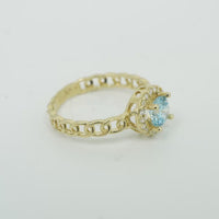 14KT Gold Ring Women's Round Light Blue Center with White CZ Stone Border Chino Link Band