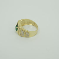 14KT Gold Ring Men's Square Green CZ Round Center Stone Plain Platform Border Band Design Single Row White CZ Stones Stair with Two Five Stone Triple Row White CZ Stones Blocks One Ridge Under Each Box Plain Borders