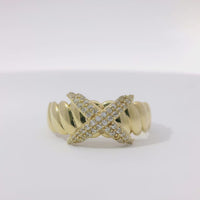 14KT Gold Ring Women's Raised White CZ Stones X Center and Plain Ribbed Band