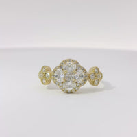 14KT Gold Ring Women's Jumbo Flower White Square CZ Stone Center Four White CZ Stone Oval Petals with Two White CZ Stone Side Flowers and Borders with Plain Band