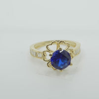 14KT Gold Ring Women's Round Navy Blue CZ Center Stone Open Flower Heart Petals with White CZ Baguette Stone Band